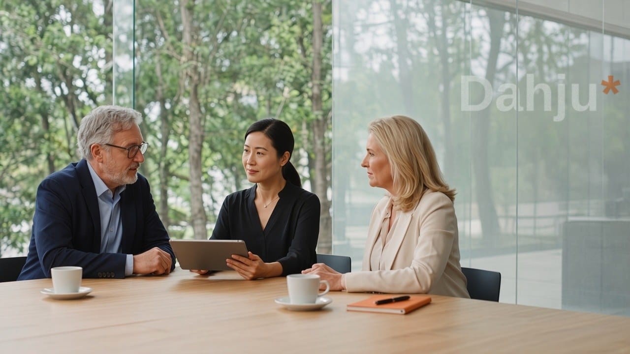Three executives at a boardroom table reviewing an assured report on a tablet, with a frosted Dahju logo etched on the glass partition beside them.