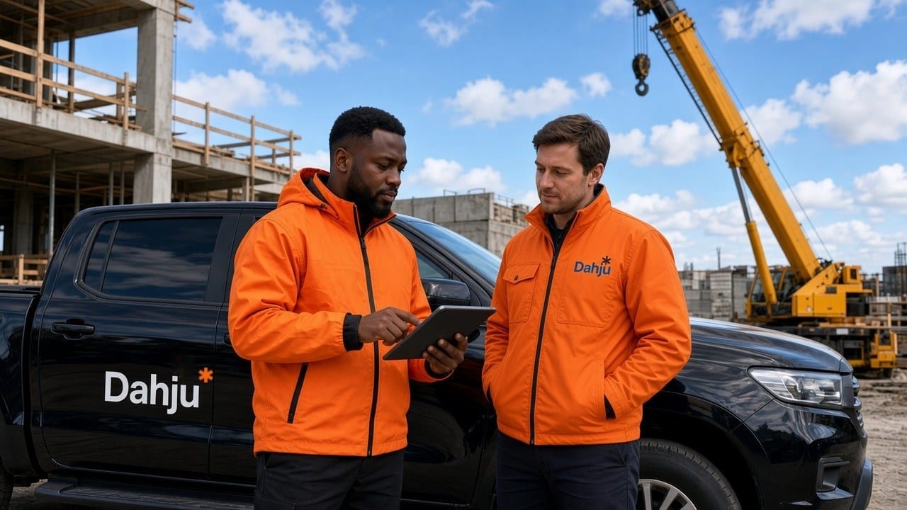Two site engineers in orange Dahju jackets reviewing a tablet beside a black Dahju branded pickup truck on a construction site, with a crane behind them.